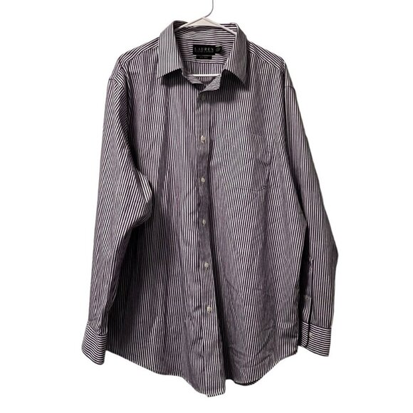 Lauren Ralph Lauren Navy Striped Button Down‎ No Iron Shirt Sz 17 1/2 34/35 Prep - Picture 1 of 12